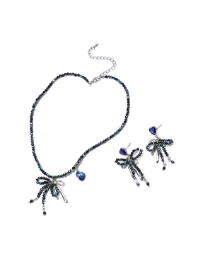 甜酷风串珠蝴蝶结项链耳环套装