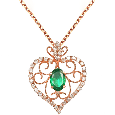 宝创集18K金天然哥伦比亚祖母绿猫咪项链真金真钻彩色宝石锁骨链