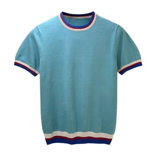 夏季男款上衣修身男士内搭打底衫 潮流新款独特撞色圆领短袖t恤男