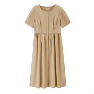 佐丹奴裙子女夏新款通勤风纯棉府绸收褶暗门筒圆领连衣裙05465326