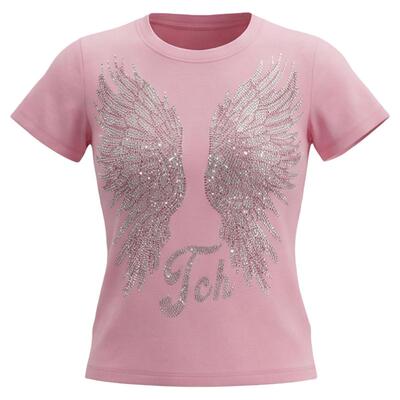 TCH【100%棉】修身短款烫钻翅膀粉色短袖T恤女2026春T78A10E1016