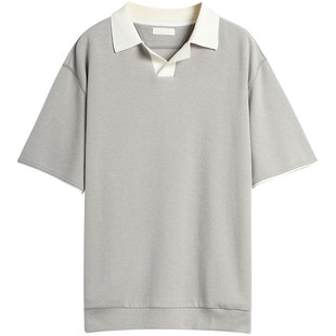 EHE男装 春季新款假两件设计拼接袖口时尚休闲翻领短袖卫衣男