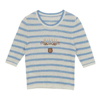 谜底套头针织衫短袖女秋款学院风条纹圆领短款上衣243MZ1263