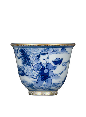 钟家窑陶瓷主人杯景德镇柴窑青花描金招财童子铃铛小杯功夫茶客杯