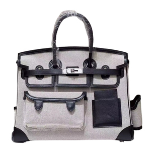 Cargo35CM帆布铂金包大号男女通用女士手提包纯手工缝熊猫色银扣