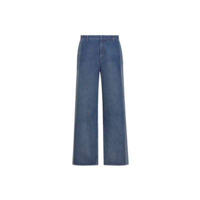 蓝色高腰阔腿牛仔裤条纹边直筒裤