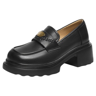 红蜻蜓厚底乐福鞋女春季新款一脚蹬女鞋增高黑色单鞋复古英伦皮鞋