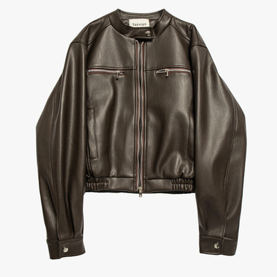 咖色短款PU机车皮衣小个子春秋