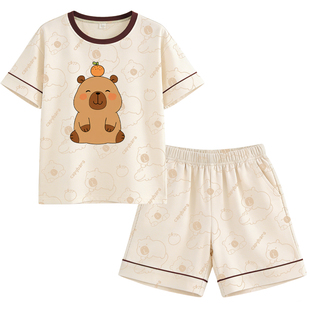 卡皮巴拉男童睡衣夏季纯棉短袖男孩中大童卡通可爱薄款家居服套装