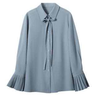 图曼朵蓝色设计感衬衫女春款高级感衬衣长袖职场高知穿搭法式上衣