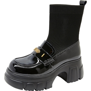 康莉弹力袜靴女25年秋冬新款英伦学院风复古厚底增高加绒鞋瘦瘦靴