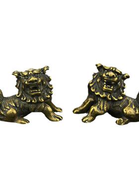 仿古纯黄铜实心狮子一对小摆件宫门狮手把件古玩收藏