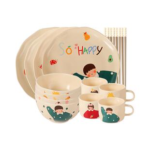 川岛屋一家三口四口亲子餐具可爱儿童饭碗筷盘子杯子碗具碗碟套装