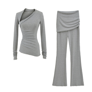 弹力修身纸片人套装~极简风不对称斜肩长袖喇叭裤修身显瘦套装