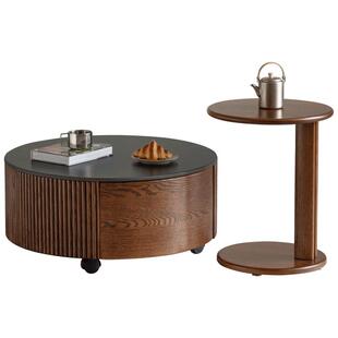 源氏木语实木茶几客厅意式轻奢岩板茶桌橡木胡桃色小户型组合圆几