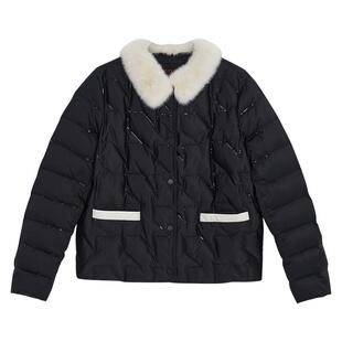 YINER音儿女装冬季短款撞色保暖水貂毛翻领鹅绒羽绒服外套女短款