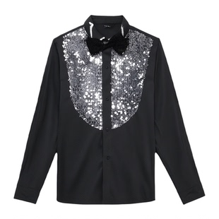 黑色闪亮片衬衫演出服衬衫男舞蹈表演衬衣长袖歌手主持大合唱男装