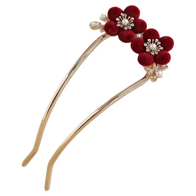 新中式古典丝绒花U型发簪