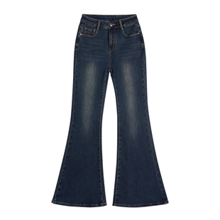 王家有鱼新款蓝灰色微喇裤中高腰不贴腿微喇牛仔裤气质显瘦女裤子