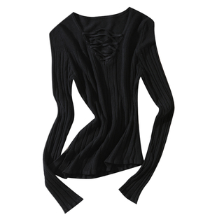 大于诗集 里约艺术大V领镂空微透交叉绑带针织衫女修身显瘦上衣春