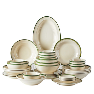 复古餐具套装家用2025新款高颜值简约陶瓷碗盘组合乔迁送礼绿韵