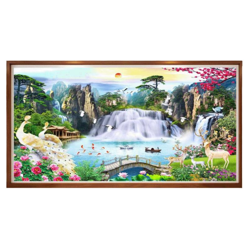 客厅5d钻石画手工diy满钻山水画流水生财粘贴钻十字绣孔雀发财鹿