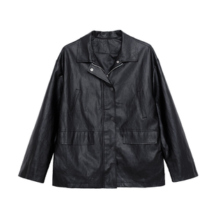 荒荒家 多口袋PU皮外套2025冬季新款港风宽松黑色质感休闲夹克女