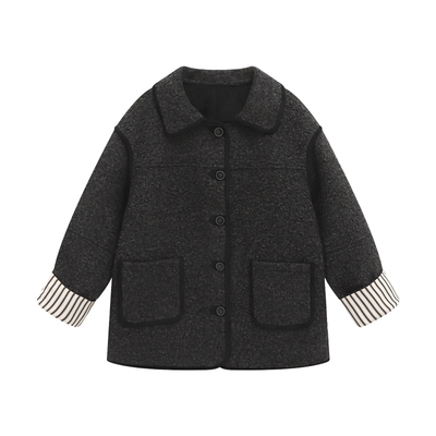 Basic House/百家好深灰色翻领仿皮毛一体外套撞色条纹宽松大衣女