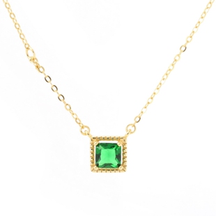 复古方形祖母绿宝石色项链纯银镀黄金色女小众方糖锁骨链沙弗莱潮