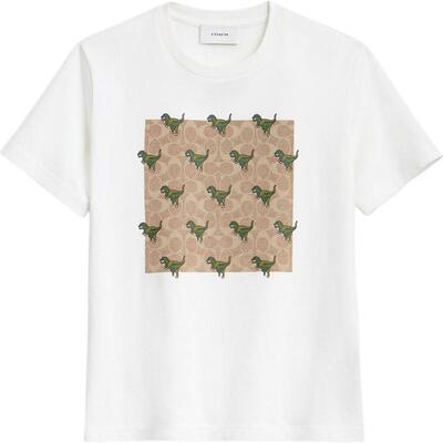 【新款】COACH/蔻驰奥莱女士棉质REXY 10TH BIRTHDAY方形图案T恤