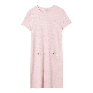 朗姿2025年夏季新款亚麻裙子高级感气质法式小香风粉色连衣裙高知