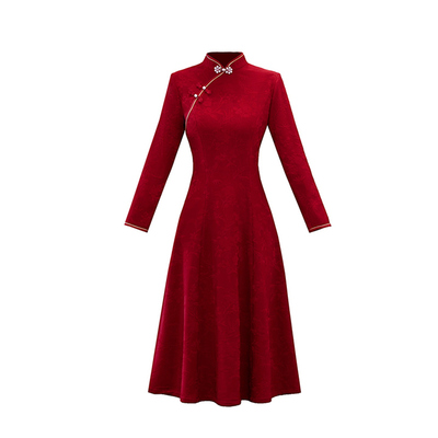 中式加绒加厚改良旗袍裙收腰显瘦