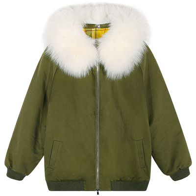 落落狷介军绿色大毛领棉衣女