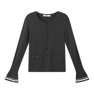 LILY2025冬新款含羊毛格雷系圆领撞色拼接条纹喇叭袖灰色针织衫女