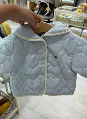 韩版童装秋冬新款男女童宝宝百搭蓝色爱心绗缝翻领棉服 棉衣外套