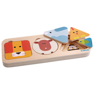 Djeco表情包形状排序嵌套板1岁低幼宝宝木质动物三层拼图启蒙玩具