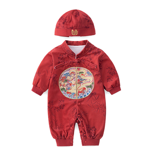 婴儿连体衣秋新年新生满月百日宴红色喜庆冬季男孩周岁礼服男宝宝