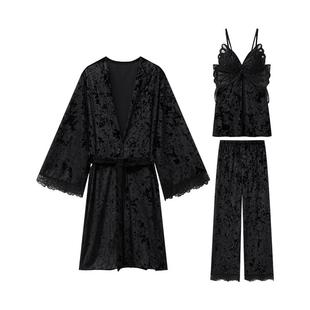 乐姿梦黑色秋冬季新款金丝绒情侣睡衣女小性感三件套装男士家居服