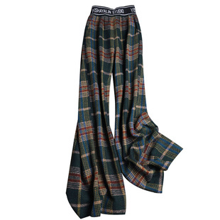 奢美高贵宝石绿 加厚大格纹粗纺呢阔腿裤女秋冬2025新款高腰显瘦