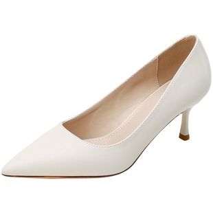 羊皮米白色尖头细跟高跟鞋女春秋三公分5厘米7伴娘软皮工作鞋单鞋