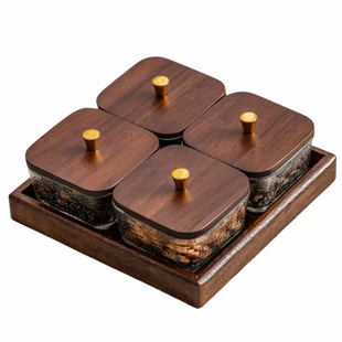 胡桃木色玻璃水果盘客厅家用零食盘茶几轻奢高档点心坚果分格盘