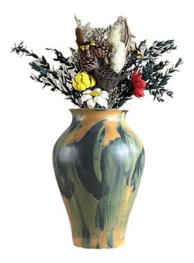 景德镇陶瓷花瓶高级感陶艺设计师绿色油画陶罐花瓶水培花器摆件