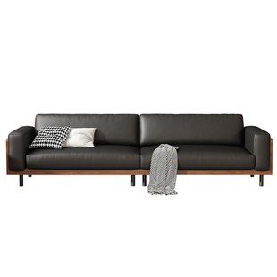 实木沙发小户型2026新款客厅家用复古皮艺直排三人中古风黑色沙发