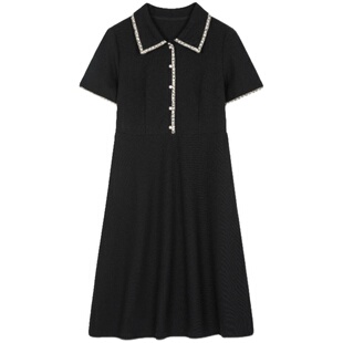 沫晗依美香风针织修身小黑裙2026年春新款气质POLO领短袖连衣裙女