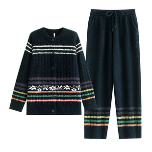 悦内半边绒睡衣女秋冬季冬款珊瑚绒保暖毛绒家居服复古麻花费尔岛