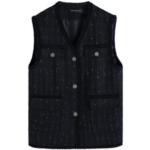 黑色小香风马甲女春秋新款韩版V领马夹显瘦宽松无袖背心圆领坎肩