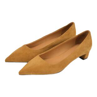 德芙琳鹿皮绒面尖头浅口单鞋真皮粗跟高跟鞋2025春季新款通勤女鞋