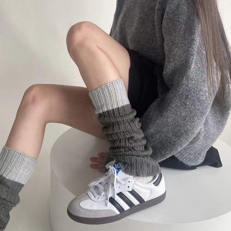 深浅灰色袜套针织拼色腿套秋冬雪地靴袜子泡泡袜40cm推推袜女套袜