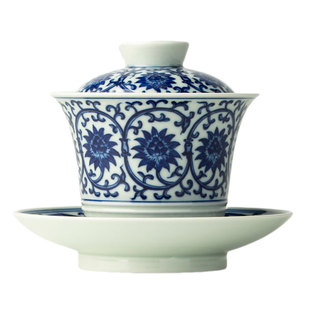 三勤堂青花手绘缠枝莲马蹄盖碗陶瓷功夫茶具复古中国风防烫茶杯