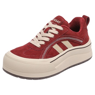 星期六女鞋复古时髦运动鞋子女款秋冬加绒保暖棉鞋厚底红色妈妈鞋